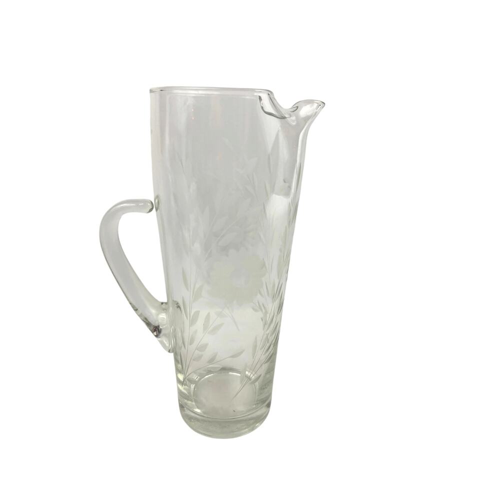 Vintage Mid Century‎ Modern Floral Etched Tall Glass Pitcher 9" Hand Blown